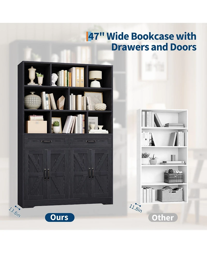 homfan 71 Inch Tall Bookcase with 8 Open Cubbies, 2 Drawers and 4 Doors, 6-Tier Wood Display Cabinet for Living Room Office