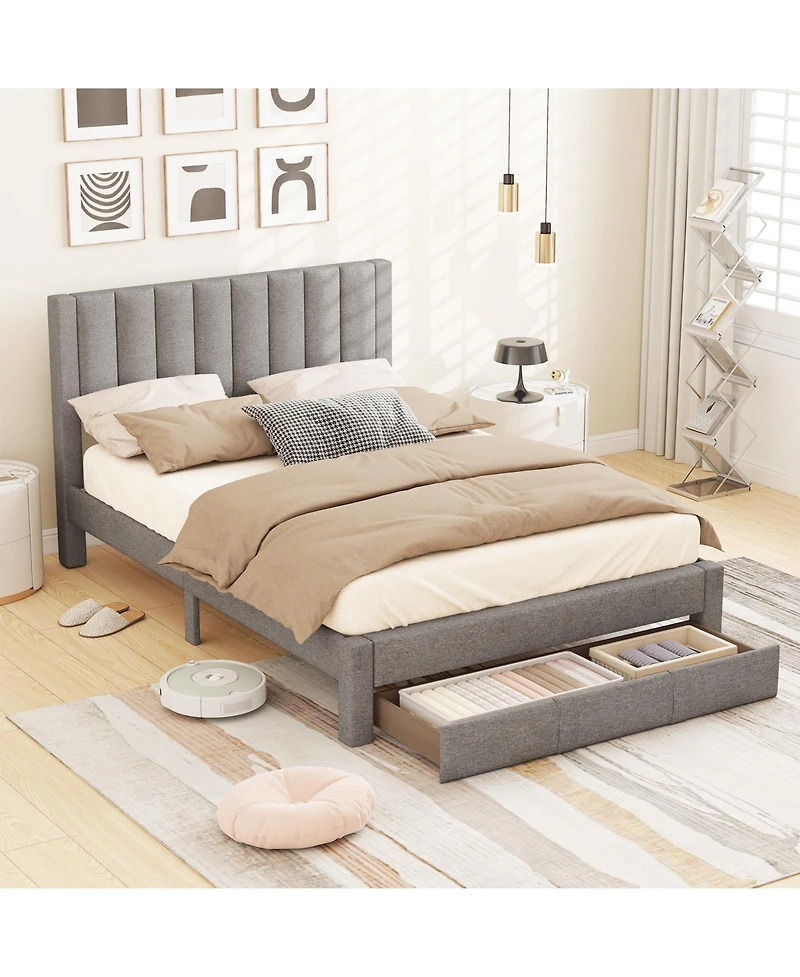 Gymax Queen Bed Frame with Storage Drawer and Vertical Channel Headboard
