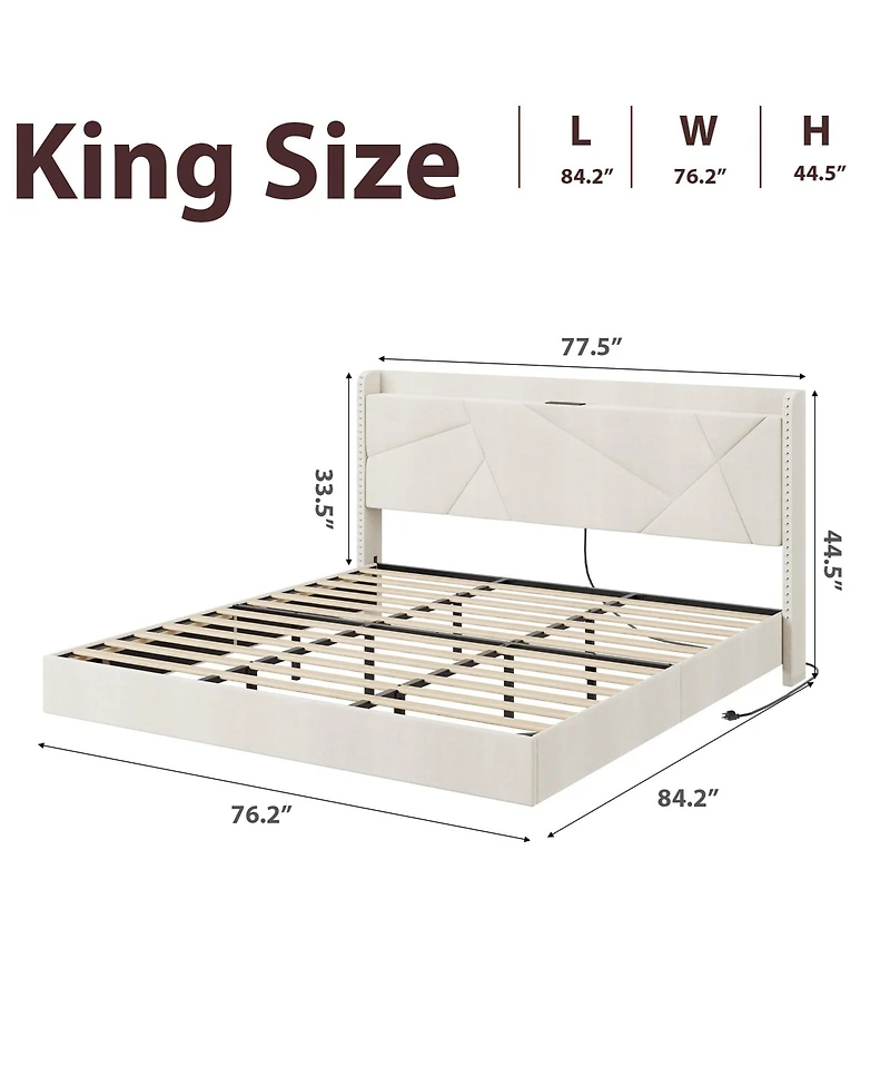 homfan Modern Floating Bed with Led Lights, Charging Station, Upholstered Platform, Storage Headboard, Metal Slats, No Box Spring Needed