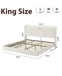 homfan Modern Floating Bed with Led Lights, Charging Station, Upholstered Platform, Storage Headboard, Metal Slats, No Box Spring Needed