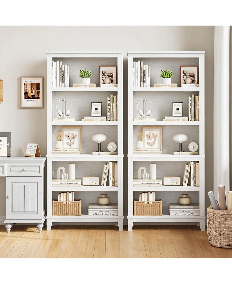 homfan Set of 2 71" Tall Narrow Bookshelf 5 Tier Bookcase with Adjustable Shelves and Wooden Legs for Apartment Office Living Room