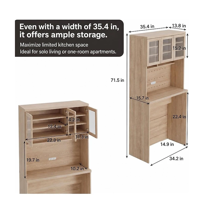 homfan 71.5" Kitchen Cabinet with Trash Can Storage and Microwave Stand, 35.4" Wide Pantry Hutch for Dining Room