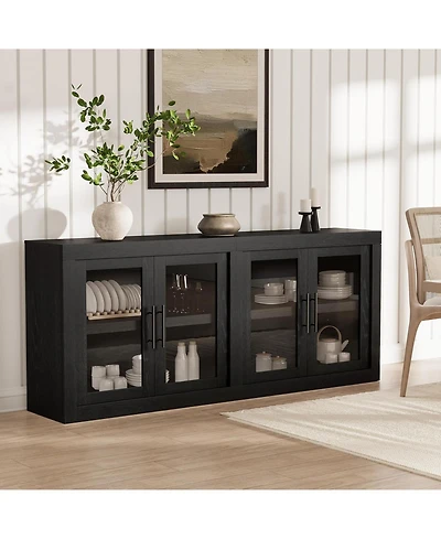 homfan 70.8" Mid Century Modern Sideboard Buffet Cabinet, 4 Glass Doors for Living Room Kitchen