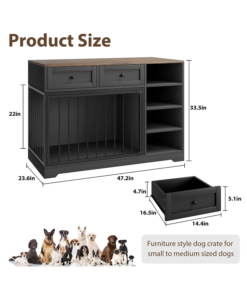 homfan Dog Crate Furniture, 47 Inch Wooden Indoor Kennel Tv Stand with 2 Drawers and 4 Shelves for Medium Large Dogs