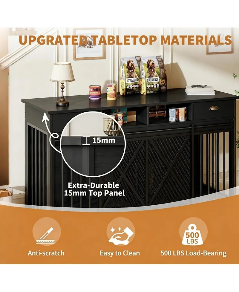 homfan Large Dog Crate – Furniture-Style Indoor Kennel with Sliding Doors, Removable Divider, 2 Drawers and Shelves, Tv Stand