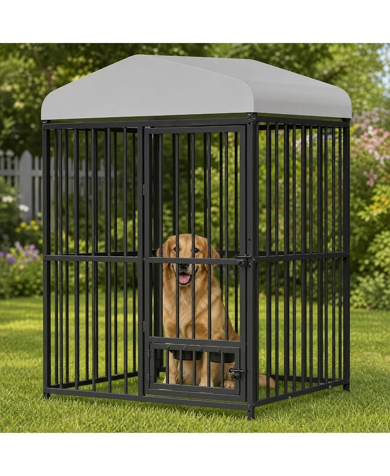 homfan Outdoor Dog Kennel Heavy Duty Metal Cage with Waterproof Roof, Security Lock, Feeding Door and Bowl for Large Dogs