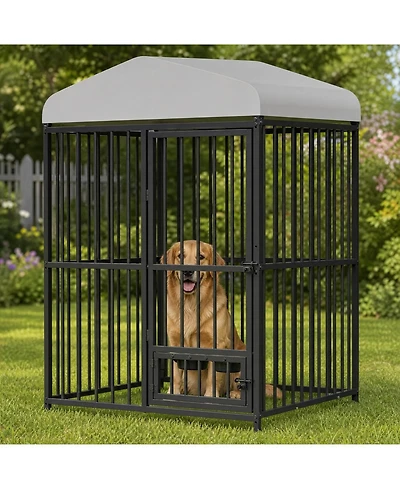 homfan Outdoor Dog Kennel Heavy Duty Metal Cage with Waterproof Roof, Security Lock, Feeding Door and Bowl for Large Dogs