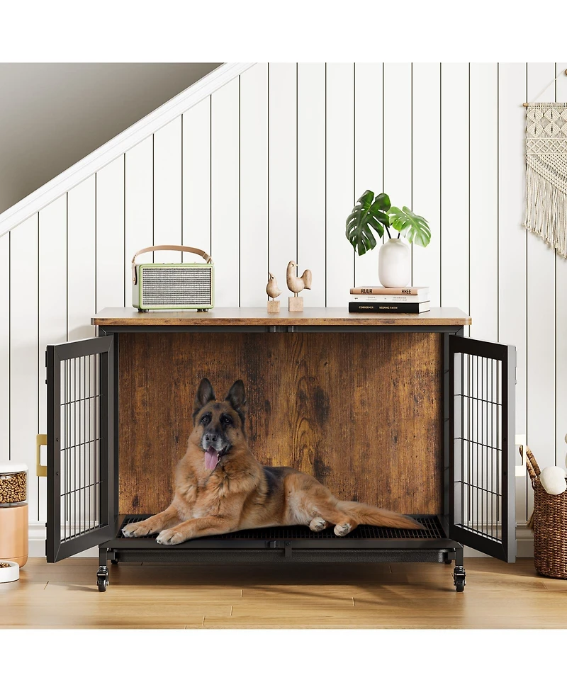 homfan Decorative Dog Crate Wooden Kennel with Wheels and Removable Tray for Small to Medium Dogs Up to 66 lbs