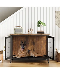 homfan Decorative Dog Crate Wooden Kennel with Wheels and Removable Tray for Small to Medium Dogs Up to 66 lbs