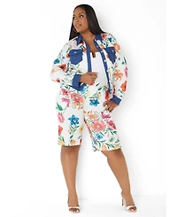 Ashley Stewart Plus Women's Denim Trimmed Floral Print Jacket