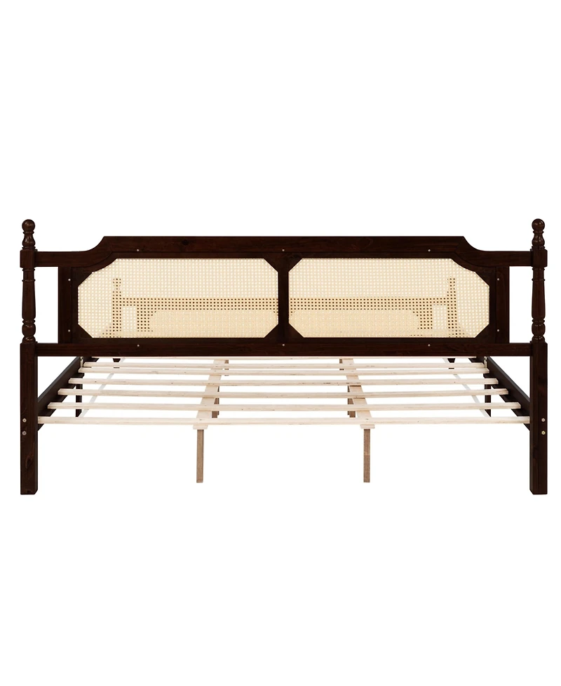 Sailvan Pine wooden Bed with Rattan Headboard and Footboard, Central Enhanced Bed Platform