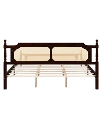 Sailvan Pine wooden Bed with Rattan Headboard and Footboard, Central Enhanced Bed Platform
