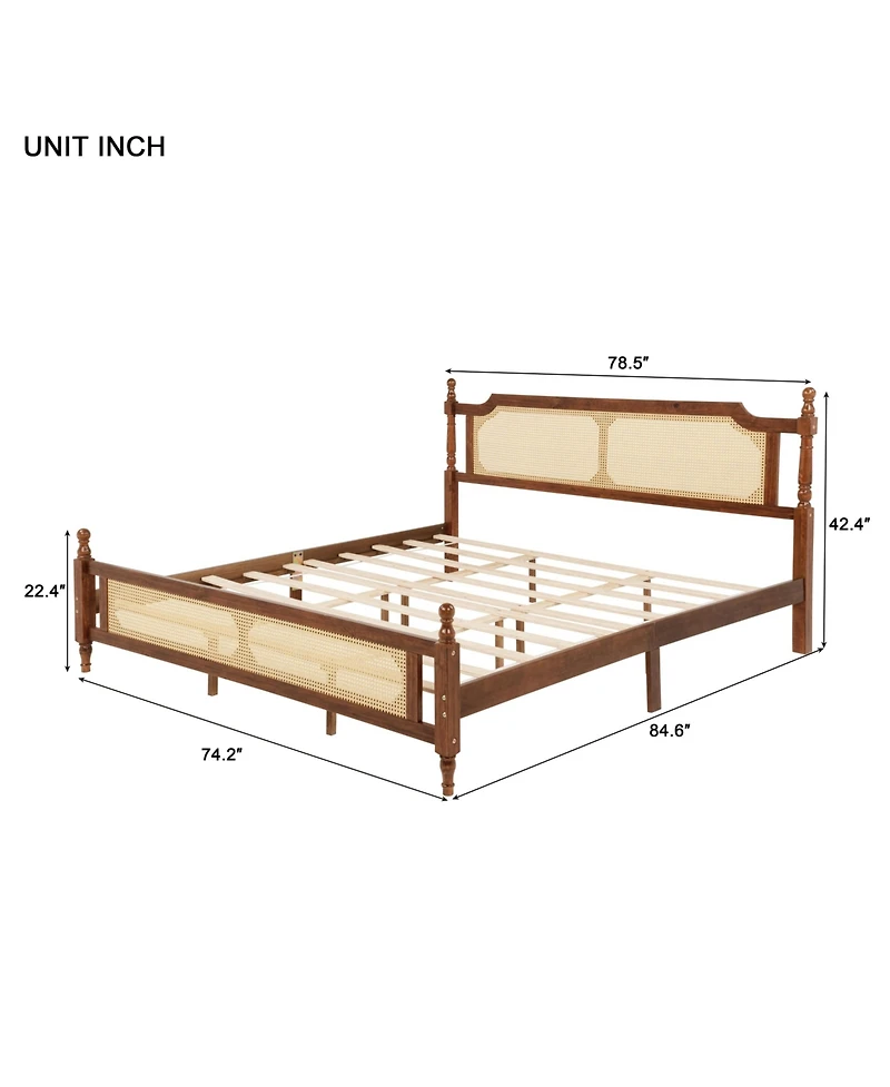 Sailvan Pine wooden Bed with Rattan Headboard and Footboard, Central Enhanced Platform