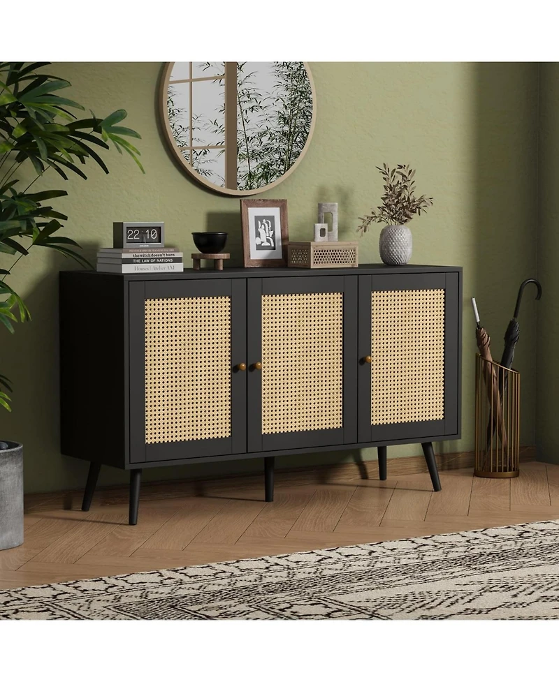 homfan Living Room Table Sets of 2, Includes 47" Rattan Tv Stand Storage Cabinet and Coffee Table with Storage Shelf