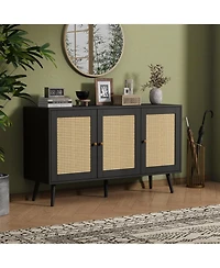 homfan Living Room Table Sets of 2, Includes 47" Rattan Tv Stand Storage Cabinet and Coffee Table with Storage Shelf