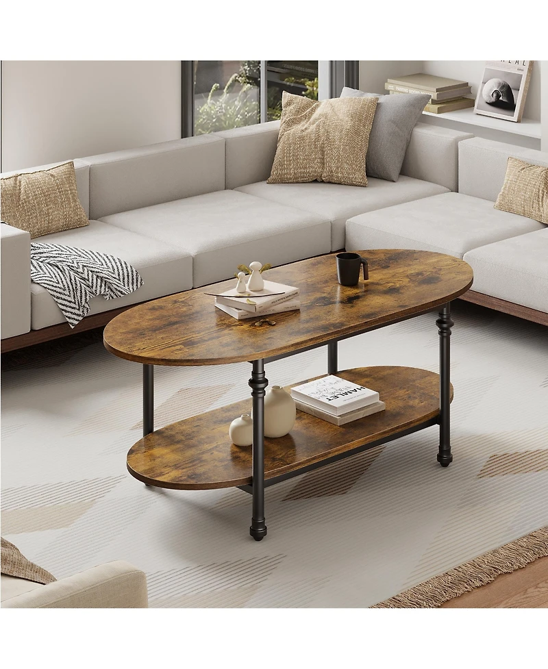 homfan Modern 2-Tier Oval Coffee Table - Fluted Faux Marble Top, Drawer Storage, Metal Frame - Stylish Living Room Center Table for Small Spaces