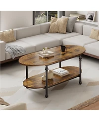 homfan Modern 2-Tier Oval Coffee Table - Fluted Faux Marble Top, Drawer Storage, Metal Frame - Stylish Living Room Center Table for Small Spaces