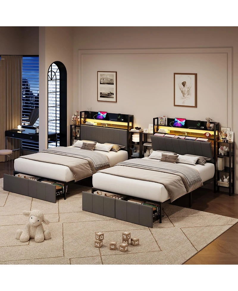 homfan Full Upholstered Bed Frame with Hidden Headboard Storage Cabinet, Top Shelf, Led Lights, Charging Station, Pull Out Footboard Storage