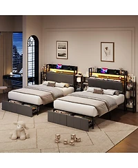 homfan Full Upholstered Bed Frame with Hidden Headboard Storage Cabinet, Top Shelf, Led Lights, Charging Station, Pull Out Footboard Storage