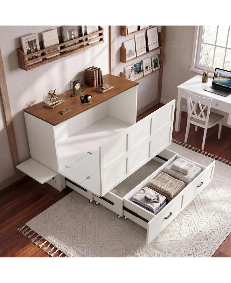 homfan Murphy Chest Bed with Drawer and Charging Station, Farmhouse Space Saving Hidden Folding Bed, Storage Cabinet Bed for Bedroom Office