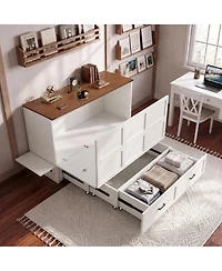 homfan Murphy Chest Bed with Drawer and Charging Station, Farmhouse Space Saving Hidden Folding Bed, Storage Cabinet Bed for Bedroom Office