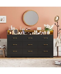 homfan 9 Drawer Dresser for Bedroom, 65" Wide Chest with Led Light and Charging Station, Modern Large Tv Organizer Open Shelf Living Room