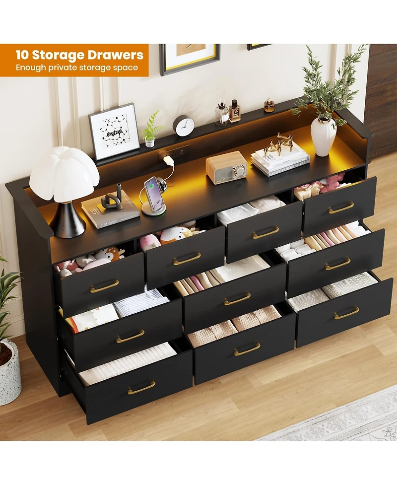 homfan 10 Drawer Dresser Bedroom, 65'' Wide Chest with Led Light and Charging Station, Modern Large Tv Organizer Open Shelf for Living Room