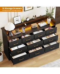 homfan 10 Drawer Dresser Bedroom, 65'' Wide Chest with Led Light and Charging Station, Modern Large Tv Organizer Open Shelf for Living Room