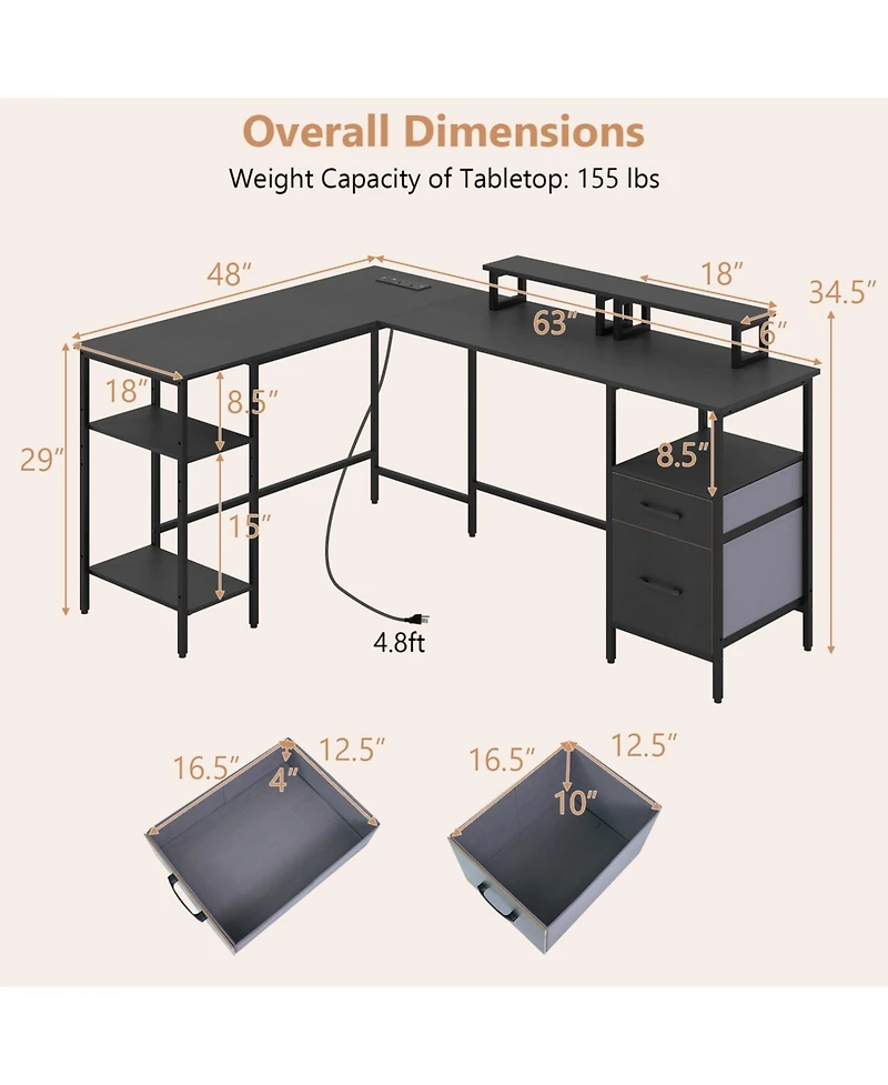 Slickblue Corner Computer Desk with Power Outlet and Storage Space