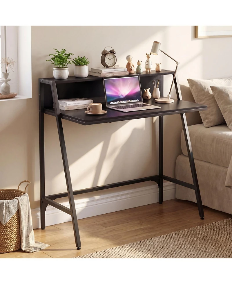 Slickblue Modern Writing Desk with Raised Monitor Shelf and Metal Base