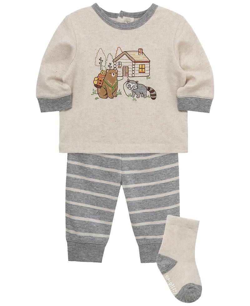 Little Me Baby Boys' Cabin Round Neck Top, Joggers and Socks, 3-Piece Set