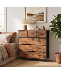 Slickblue Bedroom Storage Dresser with 9 Fabric Drawers and Wooden Top Frame