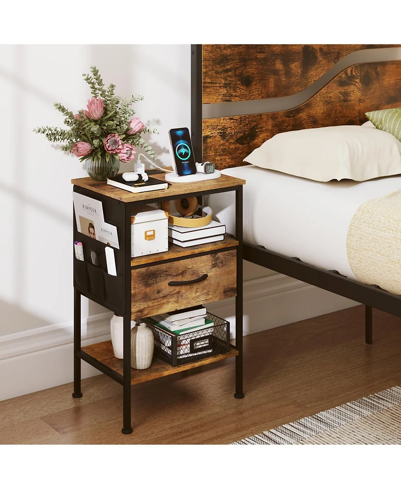 Slickblue 24.5" Bedside Nightstand with Charging Ports and Fabric Drawer