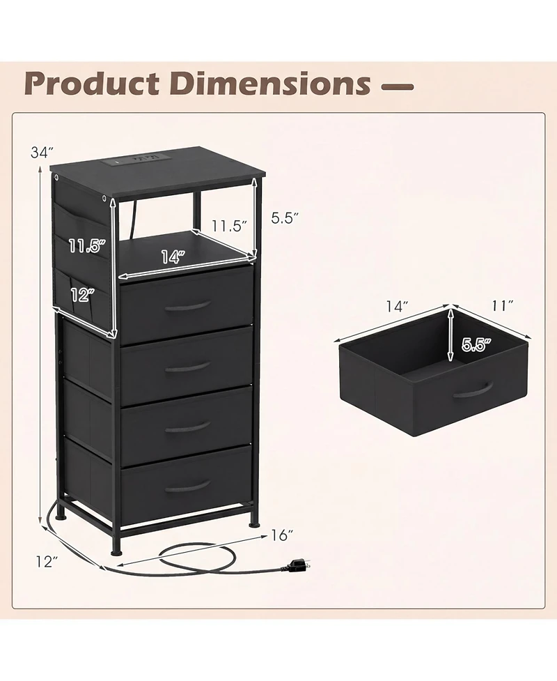 Slickblue Modern Nightstand 34" with Charging Station and Storage
