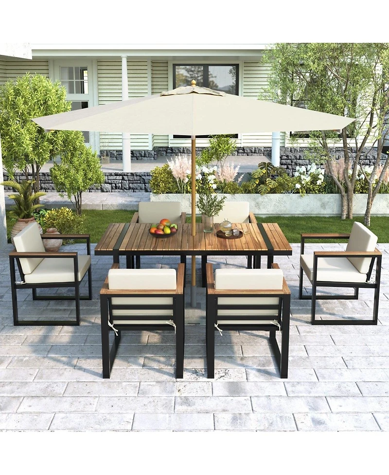 Asagikoiai 7-Piece Outdoor Patio Dining Set, Steel and Acacia Wood Table Chairs