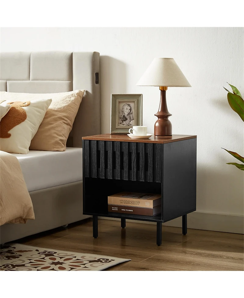 Clihome 2 Set Nightstands with Grille Striped Doors, Bedside Table with Slatted Drawer Decor, Metal Legs