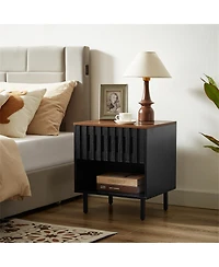 Clihome 2 Set Nightstands with Grille Striped Doors, Bedside Table with Slatted Drawer Decor, Metal Legs