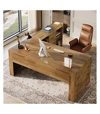 Tribesigns 63" Desk and 47" Rolling File Cabinet: L-shaped computer desk with drawers and shelves. Rustic home office furniture