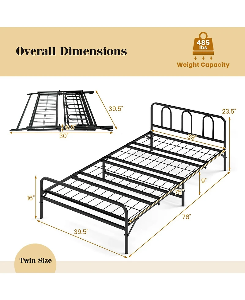 Gymax Twin Foldable Bed Frame With Headboard and Footboard Under-Bed Storage for Dorm