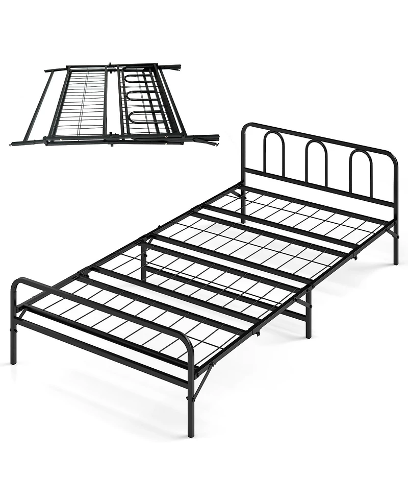Gymax Twin Foldable Bed Frame With Headboard and Footboard Under-Bed Storage for Dorm