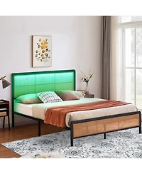 homfan Rattan Platform Bed Frame with Led Headboard, Modern Boho Cane Style, Heavy Duty Metal Frame, Steel Slats, No Box Spring Needed