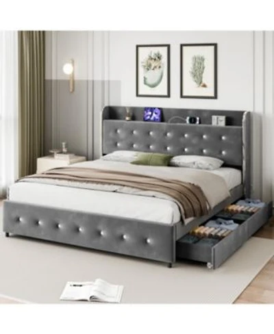 Homfan Full Bed Frame With Storage Headboard Charging Station Velvet Upholstered Platform Bed 4 Drawers Wooden Slat Support Noise Free