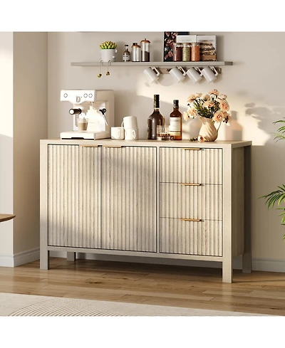 homfan Fluted Sideboard Storage Cabinet with Doors, Drawers and Adjustable Shelves for Dining Room or Living Room