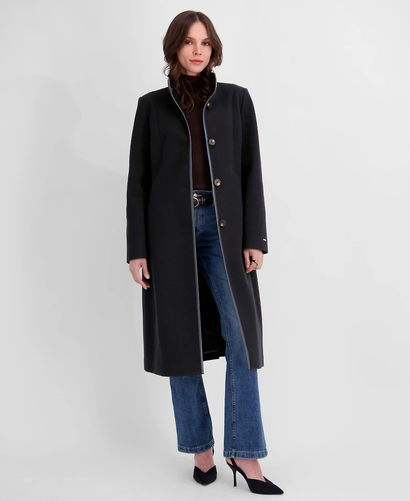 Tahari Women's Belted Faux-Leather Trimmed Funnel Neck Coat