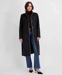 Tahari Women's Belted Faux-Leather Trimmed Funnel Neck Coat