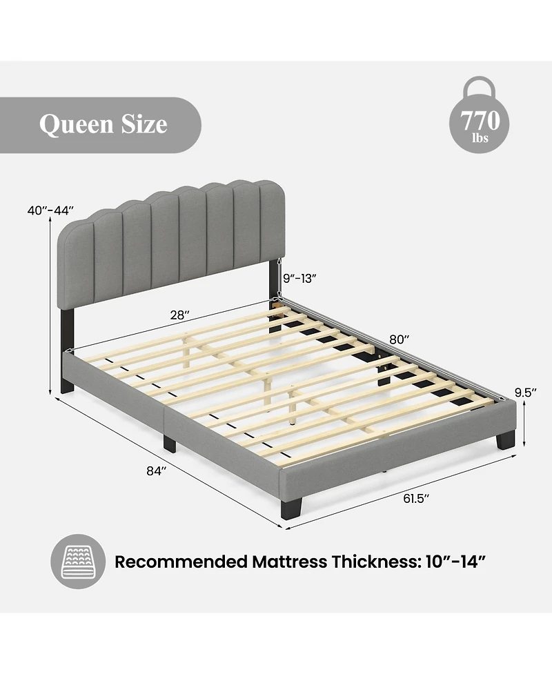 Slickblue Upholstered Queen Bed Frame with Scalloped Tufted Headboard for Bedroom