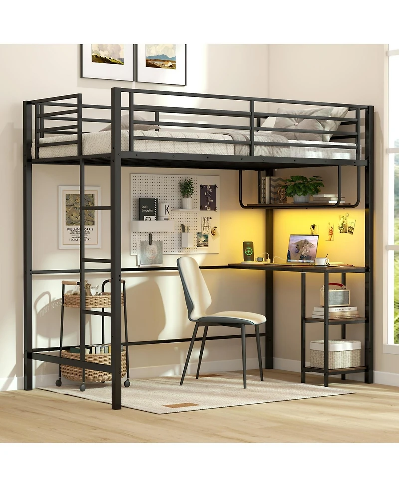 Slickblue Functional Twin Loft Bed with Desk, Led Lighting, and Built-In Charging