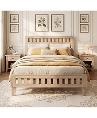 Slickblue Mid-Century Modern Bed Frame with Wood Base and Upholstered Headboard