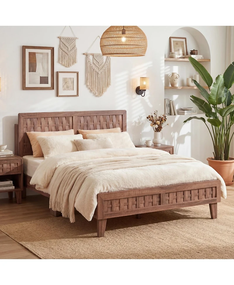 Slickblue Platform Bed Frame Mid Century Style with Woven Accent Headboard