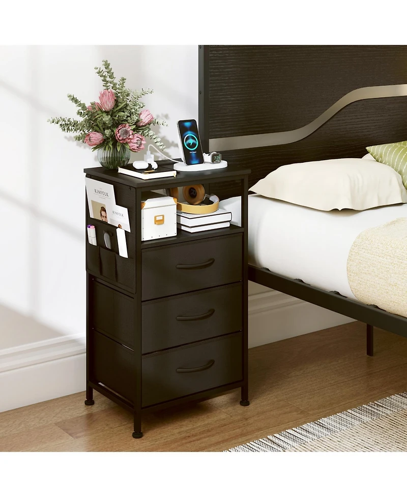 Slickblue Modern Nightstand with 3 Fabric Drawers and Charging Ports